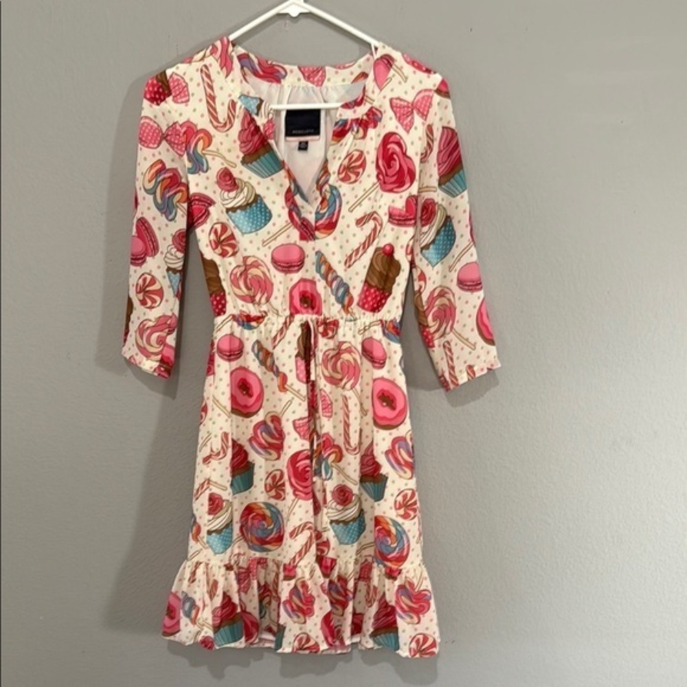 ModCloth candy shop Sz XS Cream Fit and Flare Mini Dress with Tie Front